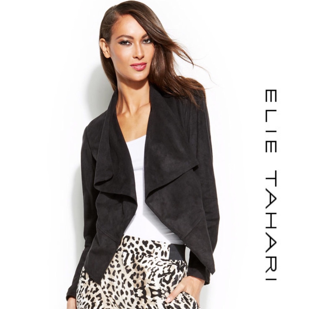 Elie Tahari 100% Fine Merino & Suede Draped Open Front Sweater/Jacket Sz S NWT